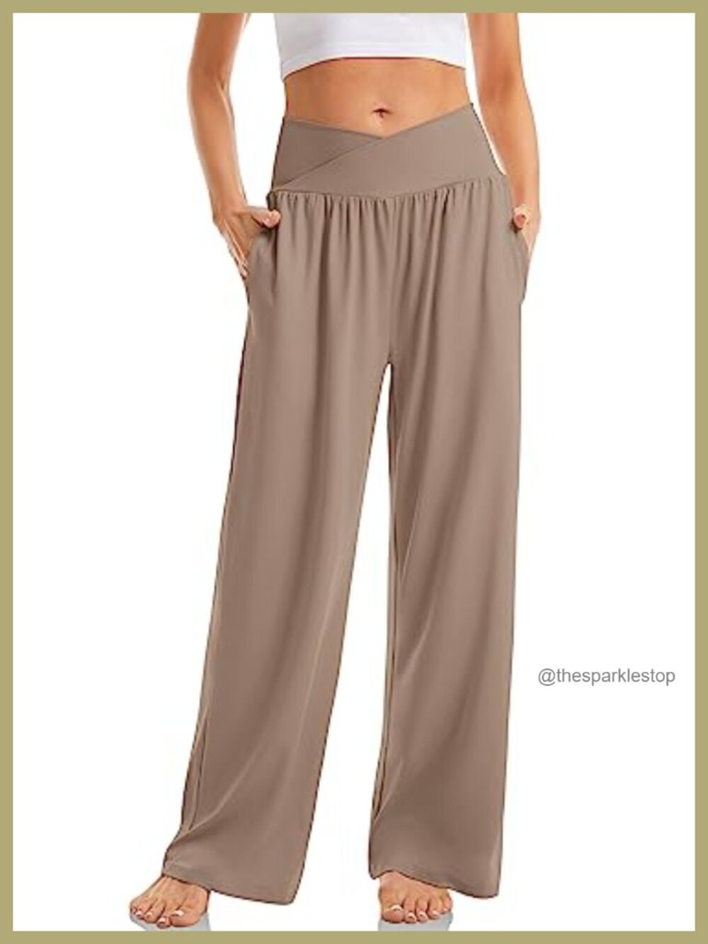 Wide Leg Yoga Sweatpants High Waist Crossover Pockets Polyester Spandex